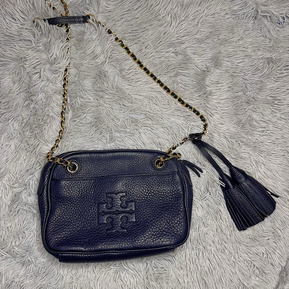 Navy Leather Crossbody Bag with Gold Chain and Tassel